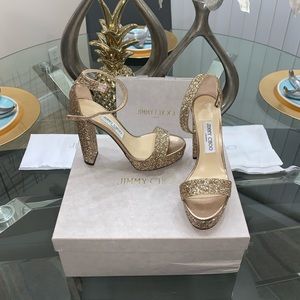 Authentic Jimmy Choo Gold Holly Coarse Glitter Heels (US 8 Women)